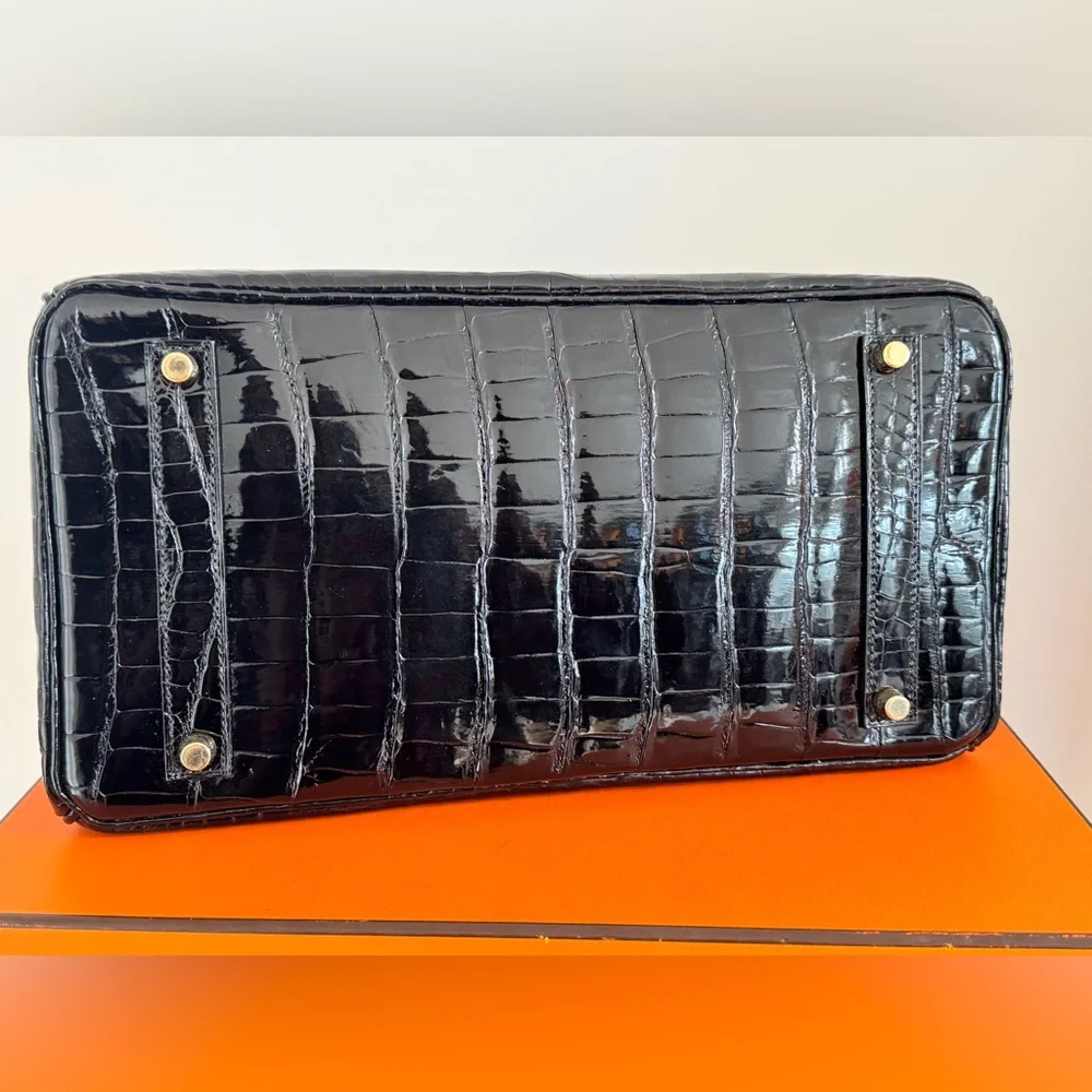 Hermès Birkin 35 – Shiny Porosus Crocodile, Black Box Dust Bag keys Clothette - Picture 4 of 16